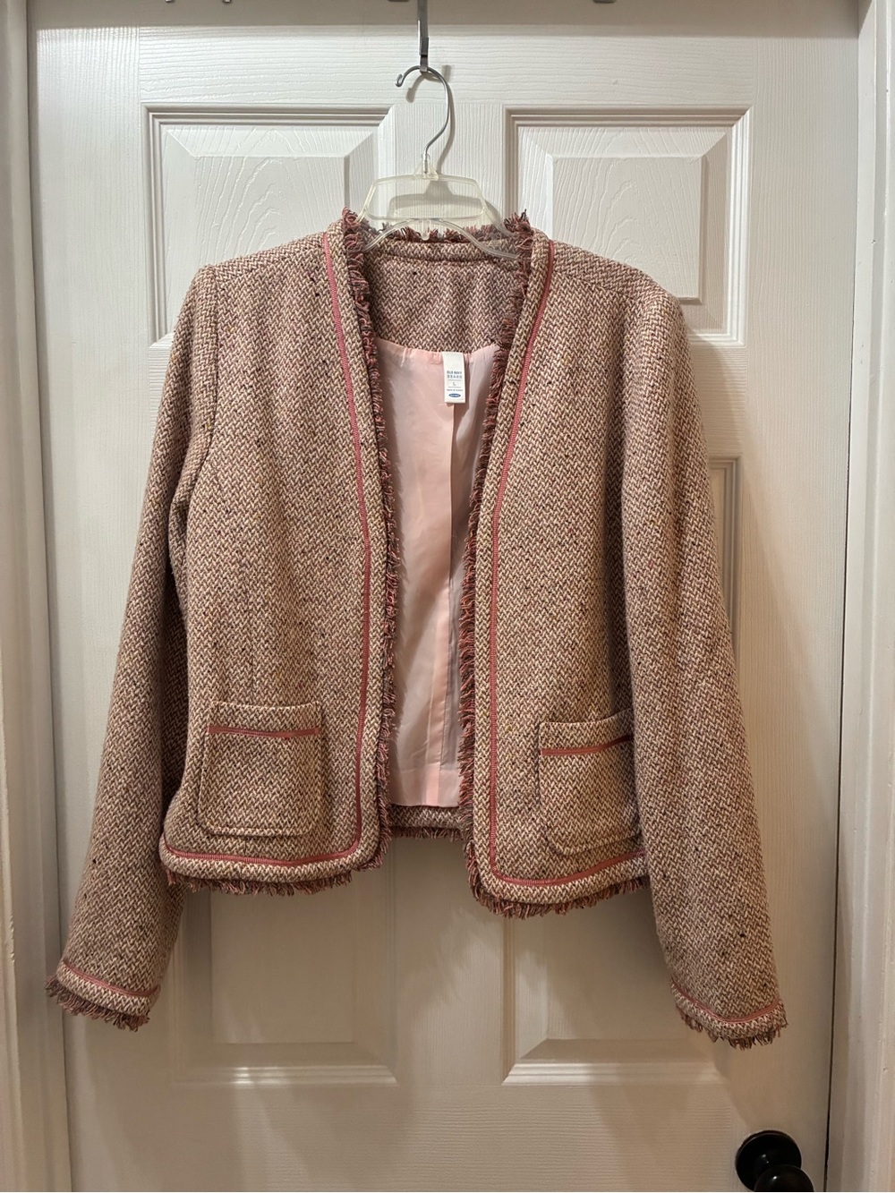Old Navy Blush Pink Tweed Fringe Open-Front Jacket